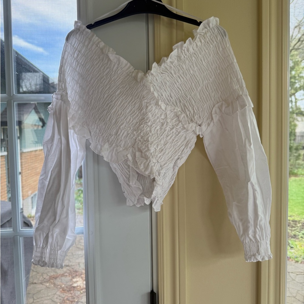 Zara White Asymmetrical Smocked Blouse